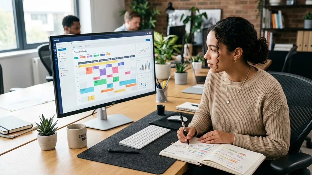 Social media manager planning a two-week content calendar on a large monitor beside a paper planner
