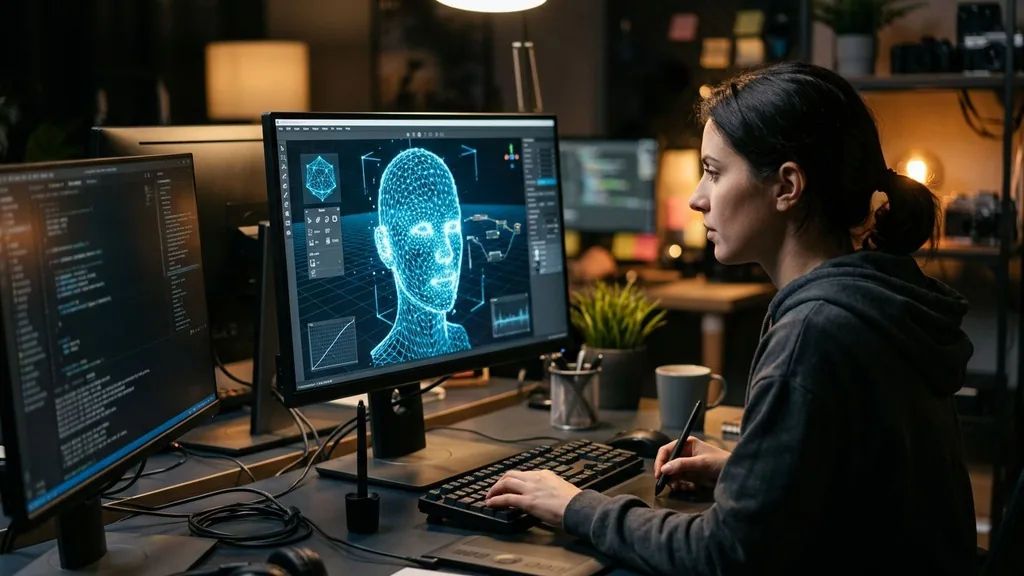 Designer building a 3D augmented reality face effect on a desktop monitor, the Lens Studio workflow