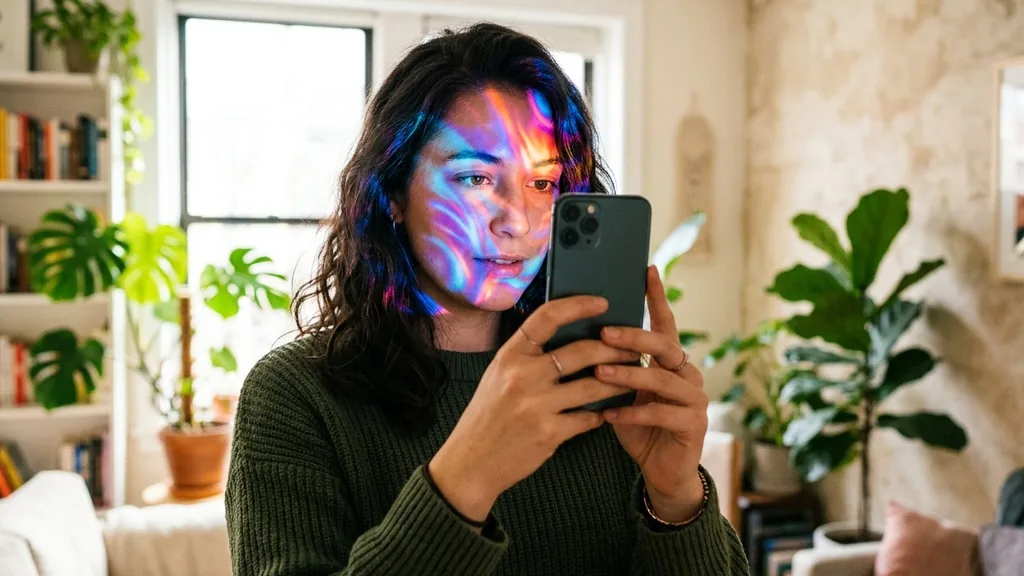 Young woman holding a phone to her face with colourful augmented reality light patterns reflected on her skin