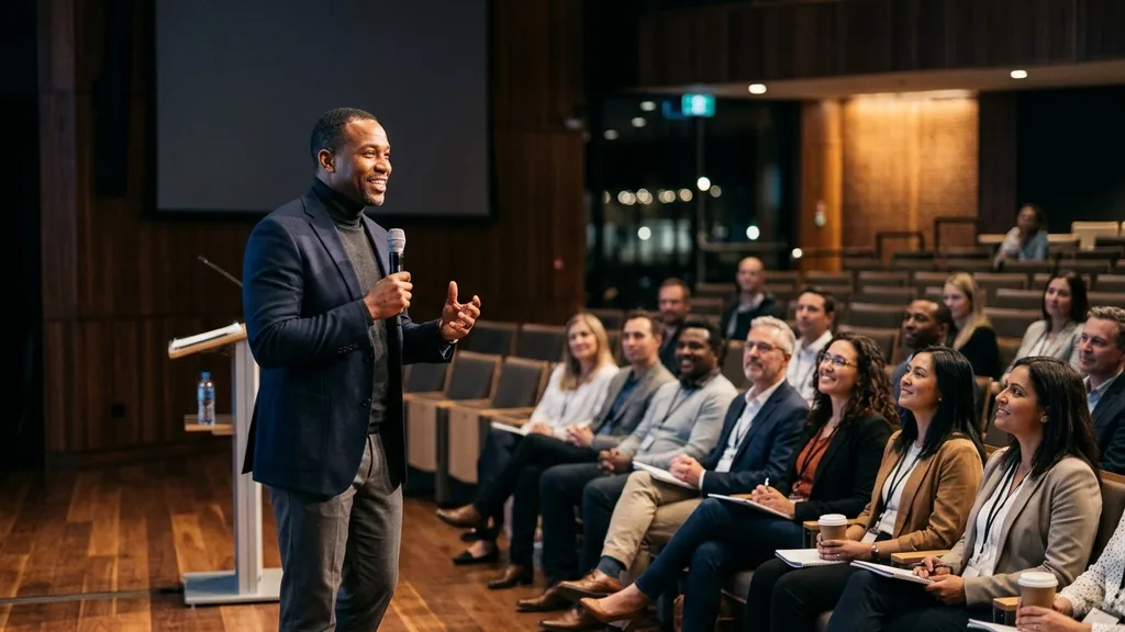 Confident speaker addressing an attentive audience in a modern auditorium, the classic image of persuasion by character