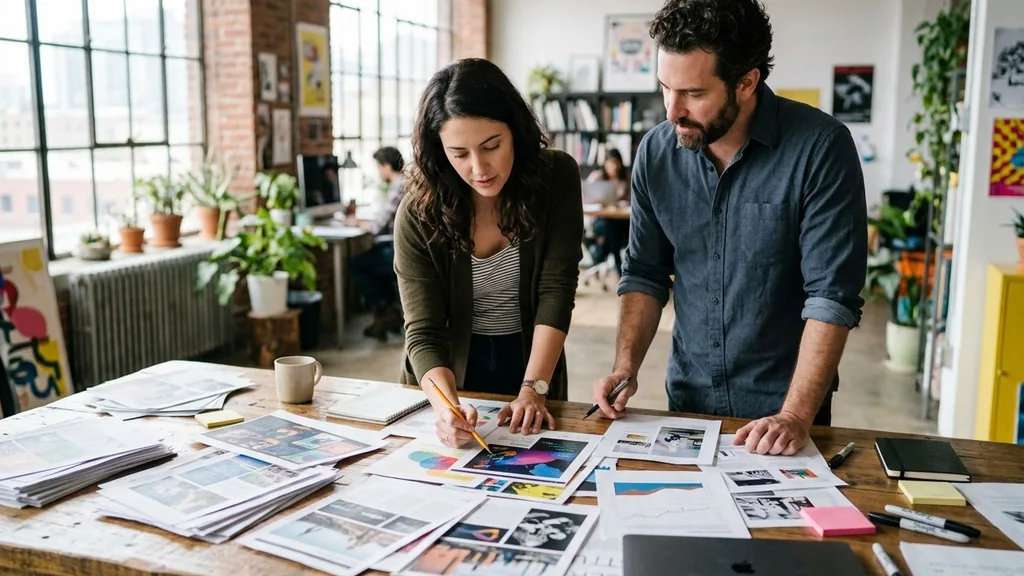 Two advertising creatives reviewing printed ad layouts spread across a studio table while planning an appeal