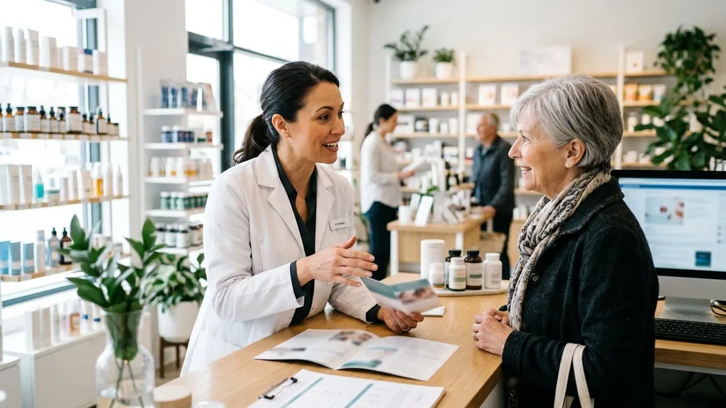Professional in a white coat explaining a product to a customer across a counter, expert authority as an ethos device