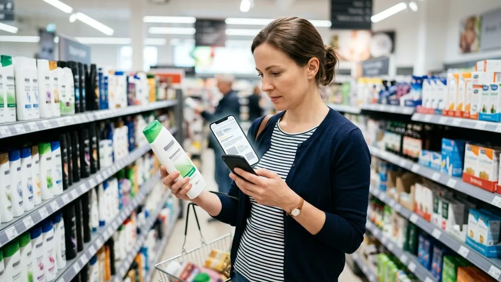 Shopper in a retail aisle comparing a product while reading customer reviews on a smartphone, social proof in action