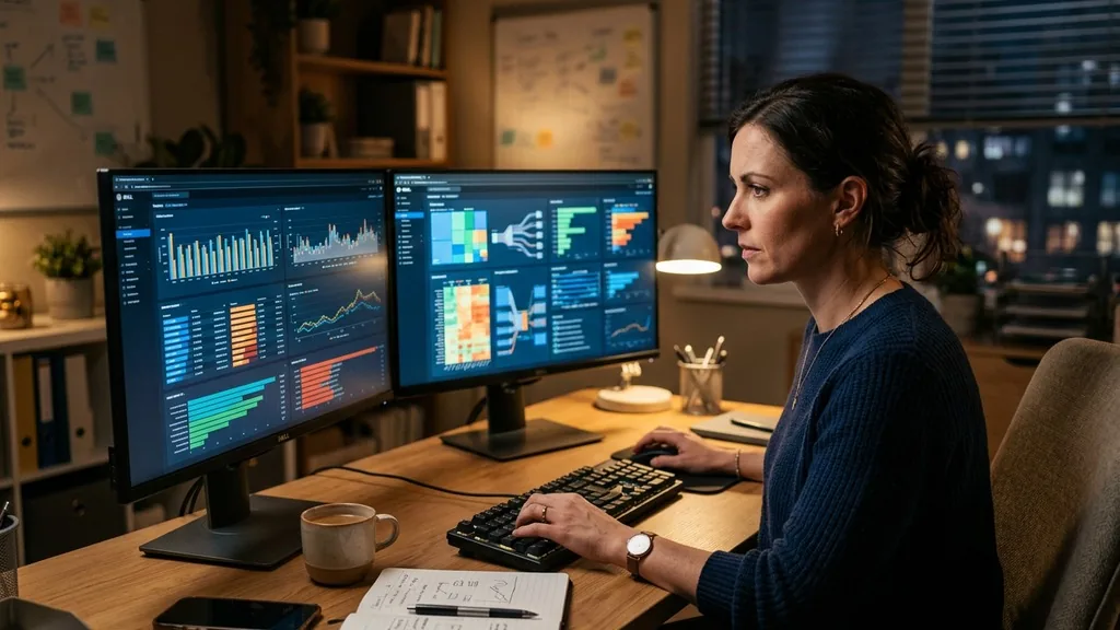 SEO strategist working through a technical website audit across two desktop monitors in a dim office