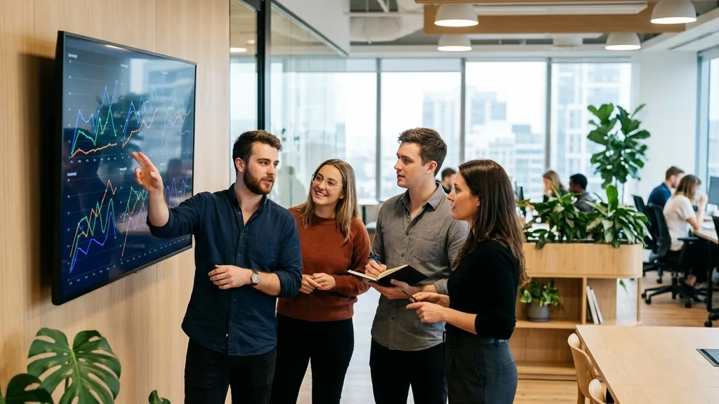 Marketing agency team reviewing organic traffic charts on a large wall monitor in a bright office