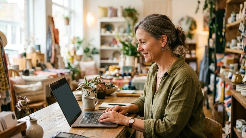 Small shop owner using a laptop at the counter of an independent store, the typical local SEO client