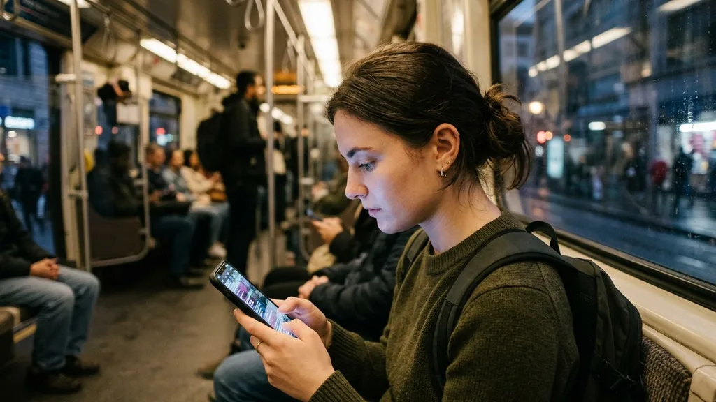 Young commuter scrolling a social feed on a smartphone aboard a city train, the core mobile ad placement