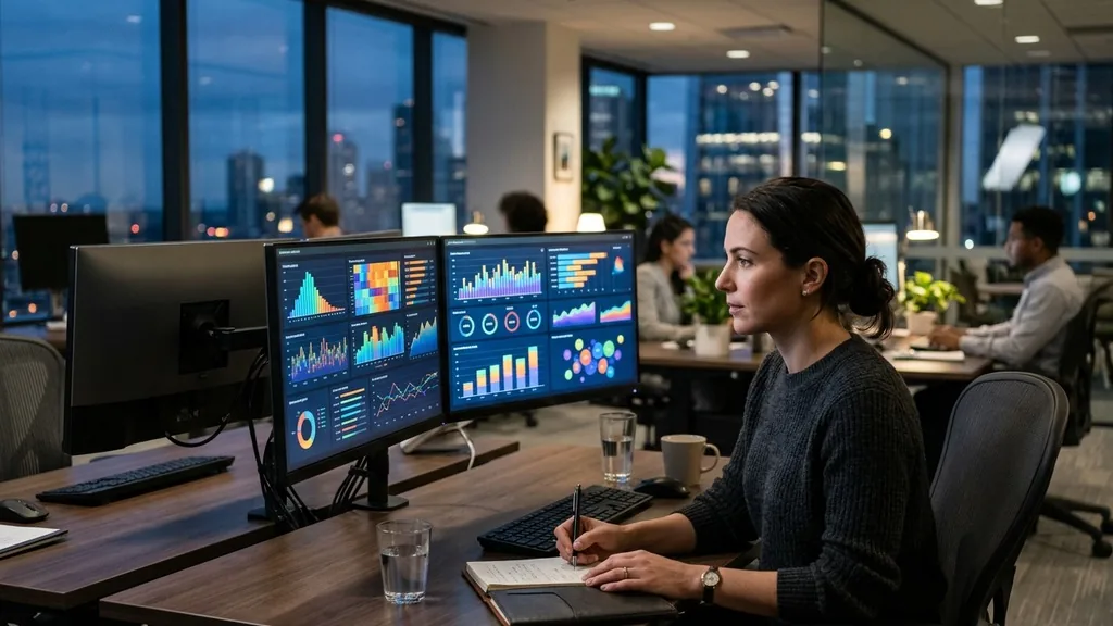 Media buyer studying campaign performance dashboards on two large monitors in a modern office at dusk