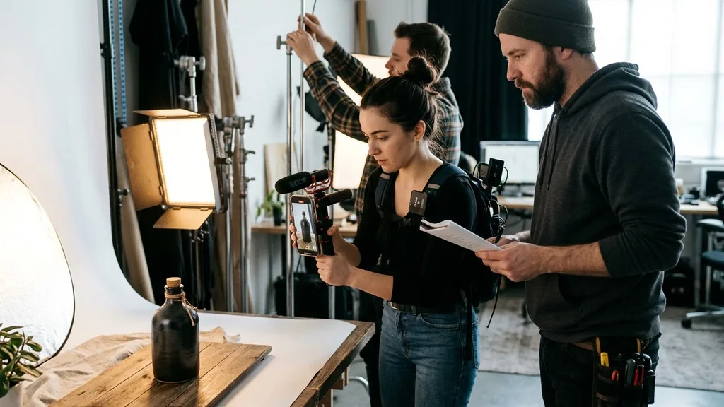 Small production team filming a vertical smartphone video of a product on a lit tabletop studio set