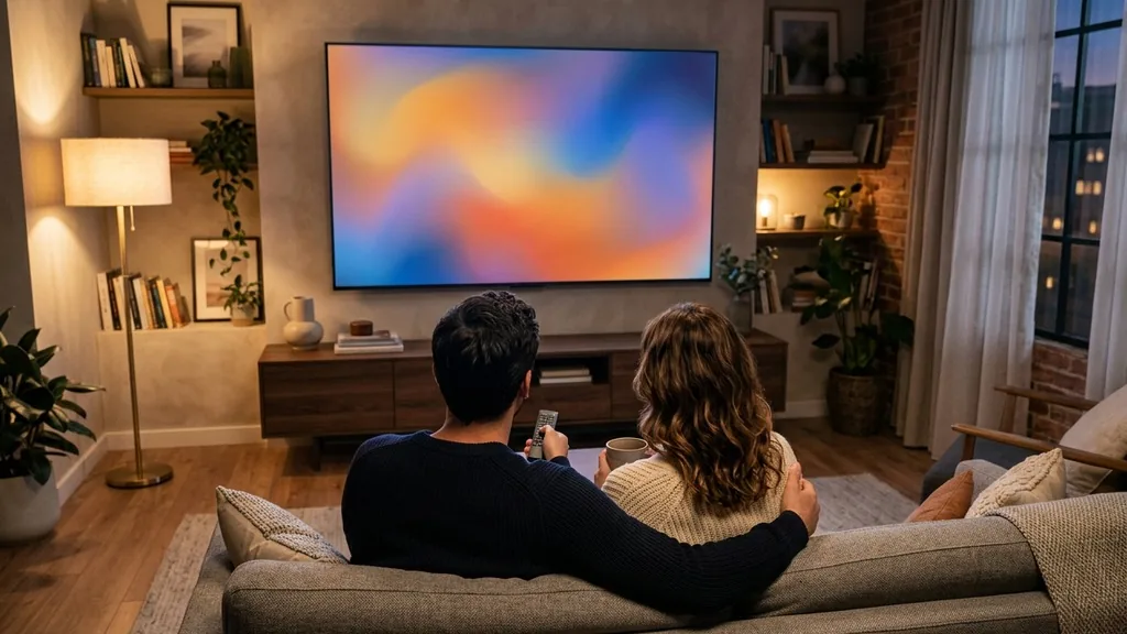 Couple watching a large television in a warmly lit living room, the connected TV advertising environment