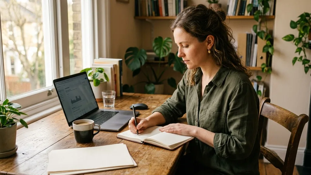 Founder drafting a vision statement in a notebook beside a laptop in warm morning light