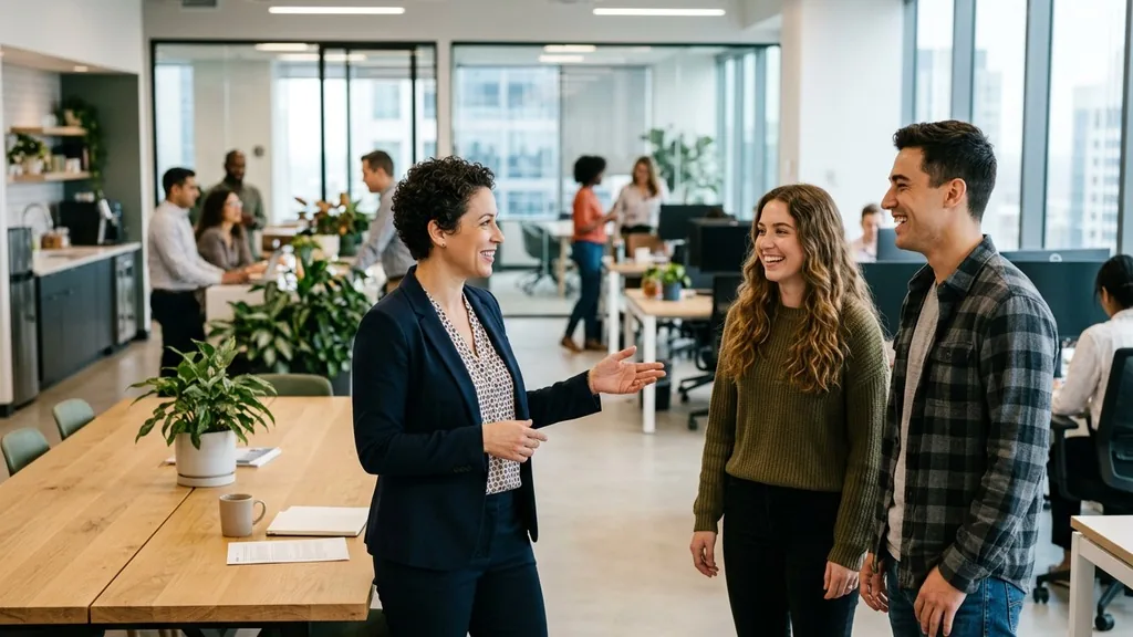 Manager welcoming two new hires in an open-plan office, where the vision statement does its work