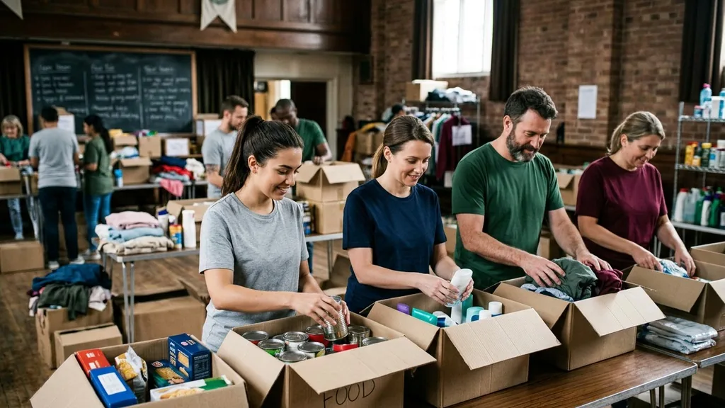 Volunteers sorting supplies into boxes in a community hall, the clearest kind of vision in practice