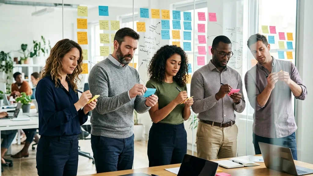 Five colleagues writing on sticky notes across a glass wall during a leadership strategy workshop