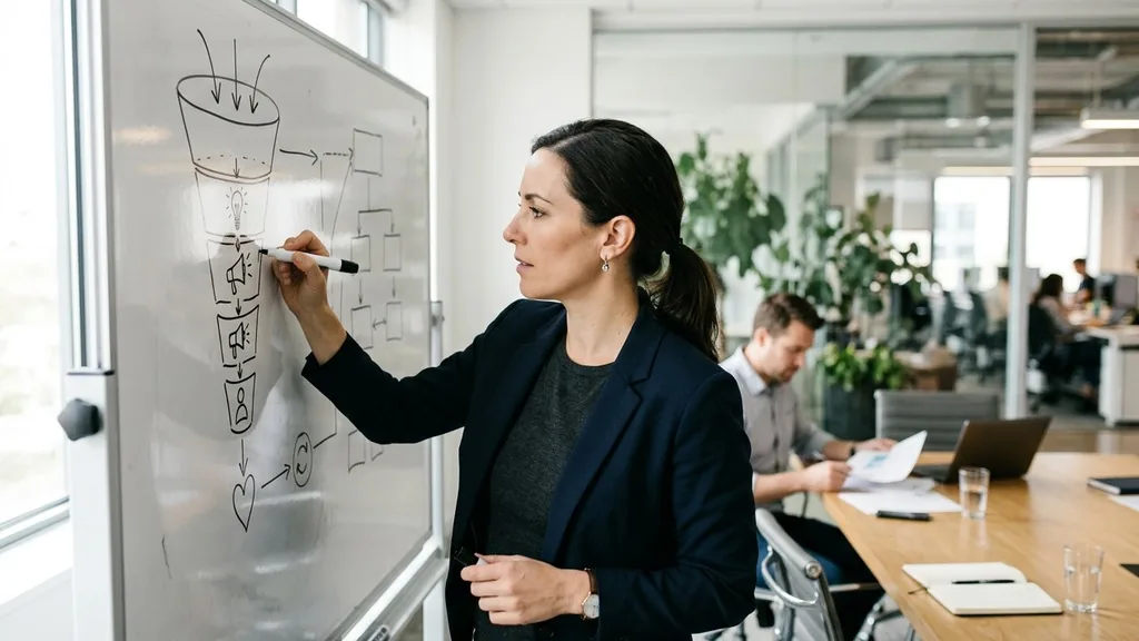 Strategist sketching a campaign funnel diagram on a whiteboard during a creative planning session