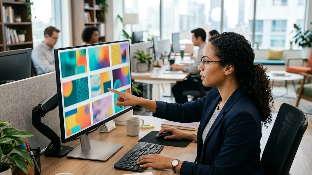 Marketer comparing several competitor ad creatives side by side on a large desktop monitor