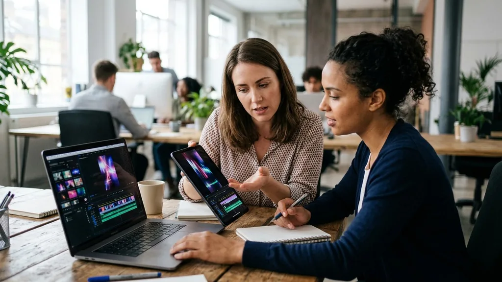Two colleagues reviewing vertical video ad creative on a tablet and a laptop at a shared desk