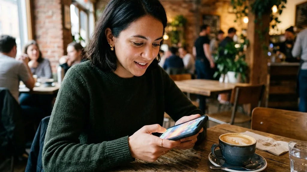 Person searching on a smartphone at a cafe table, where most search ads are actually seen