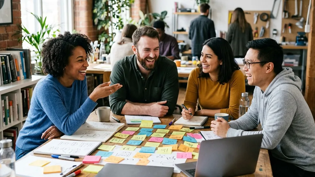 Creative team laughing around a table covered in sticky notes during a comedy advertising brainstorm