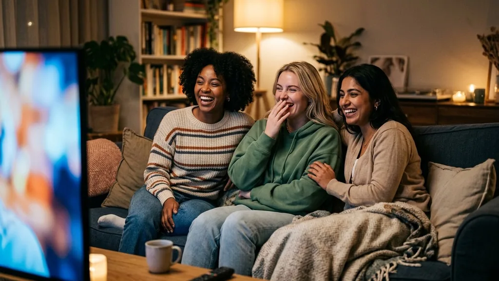Three friends laughing together on a sofa while watching a comedic commercial on television