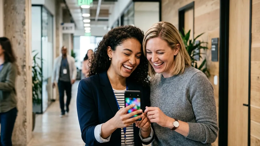 Two colleagues laughing at a short funny video clip on a smartphone in an office corridor