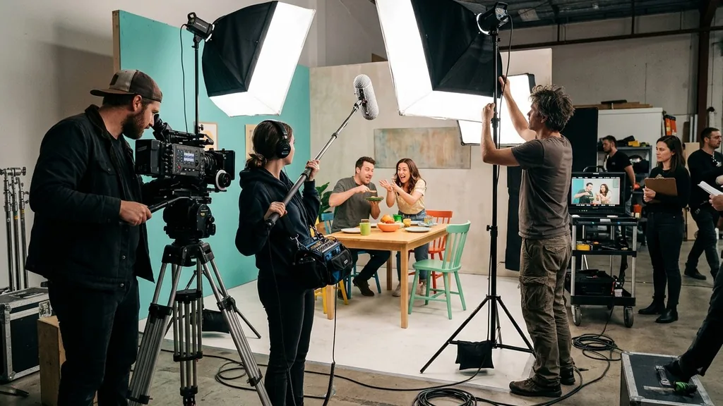 Small film crew shooting a comedic commercial on a simple set with camera and softbox lighting