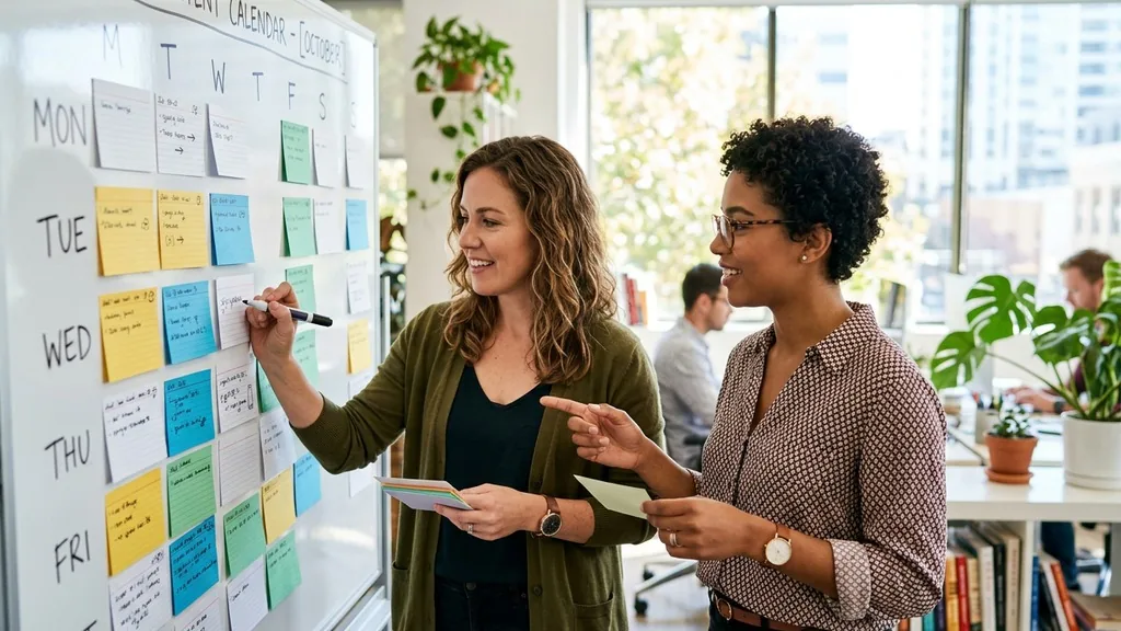 Two marketers planning a weekly short-video content calendar on an office whiteboard