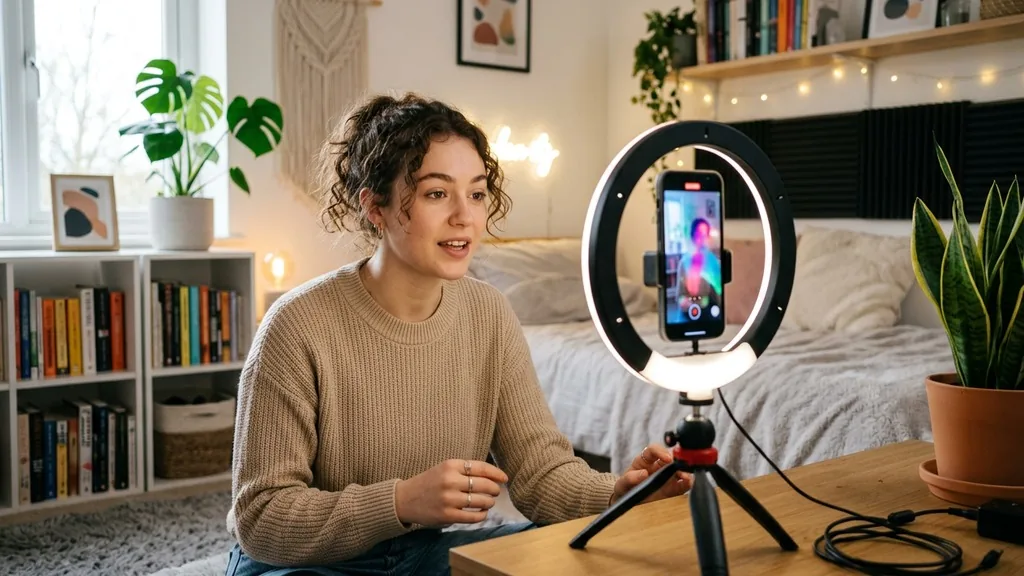 Creator filming a vertical short video on a smartphone tripod with a ring light in a home studio