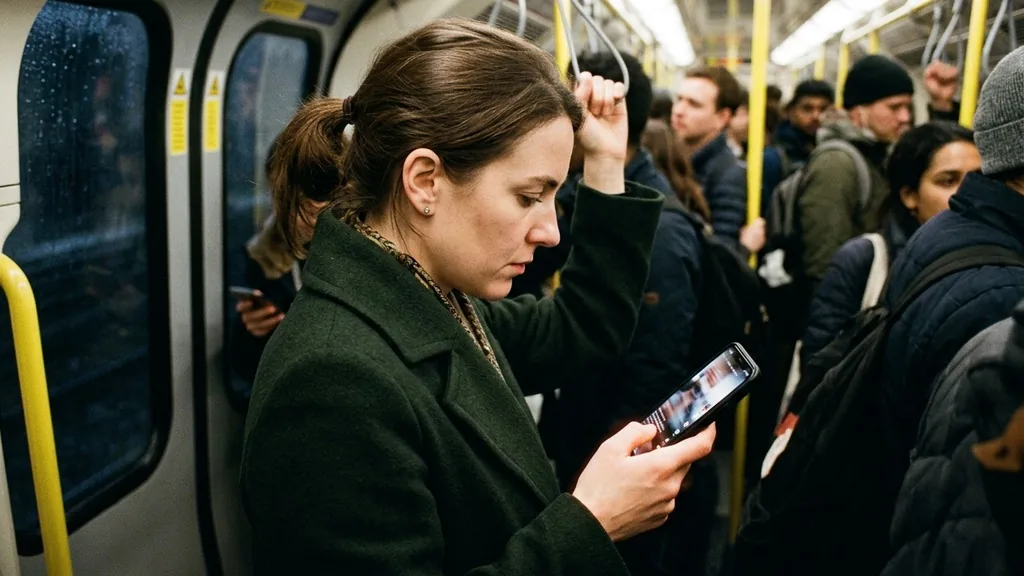 Commuter scrolling a short-video feed on a smartphone while standing on a moving train
