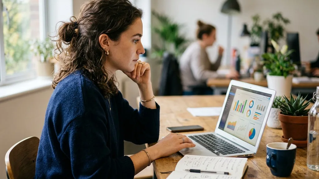 Social media manager reviewing short-video performance charts on a laptop at a desk