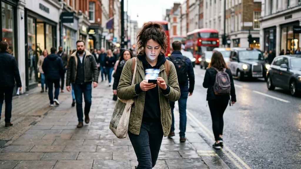 Person running a search on a smartphone while walking along a city street