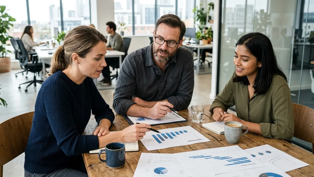 Three colleagues planning an advertising budget around a meeting table with printed charts