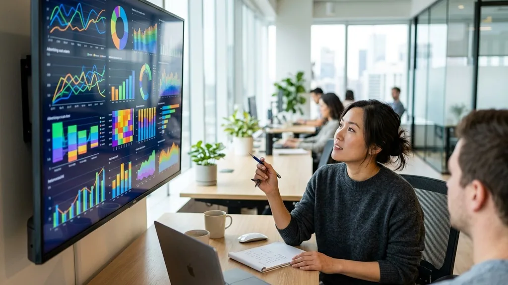 Marketer reviewing advertising cost-per-click performance charts on a large monitor in a bright office