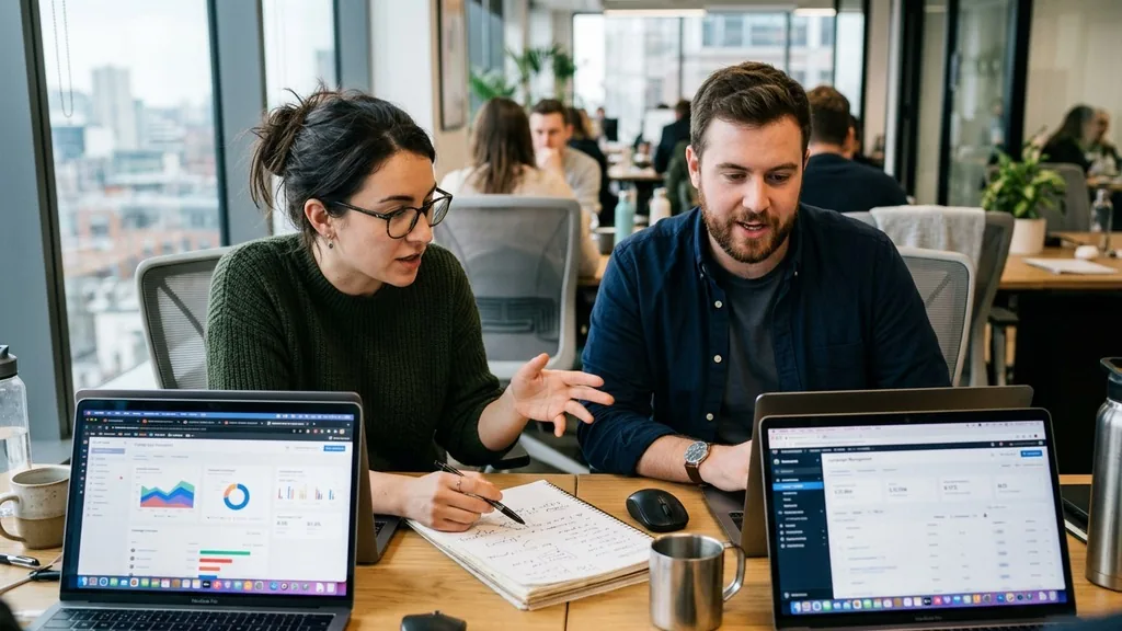 Two paid media specialists discussing bid strategy at a desk with laptops and a notepad