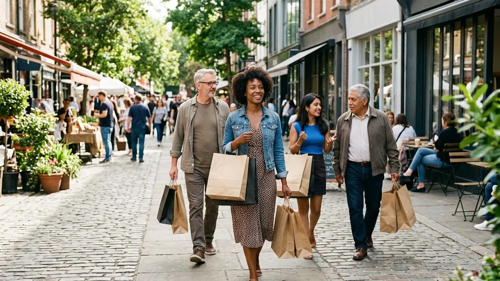 Diverse group of shoppers of different ages walking along a sunny retail street