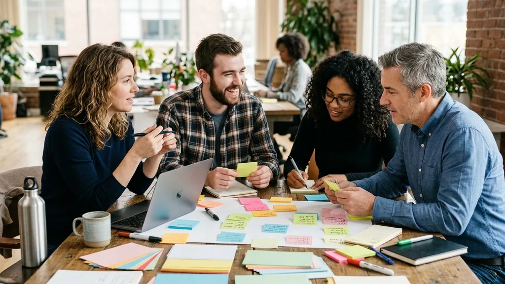 Small marketing team in a workshop around a table covered with persona cards and sticky notes