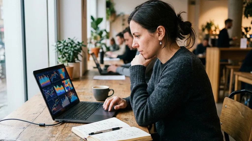 Analyst studying customer data charts on a laptop with a notebook beside it