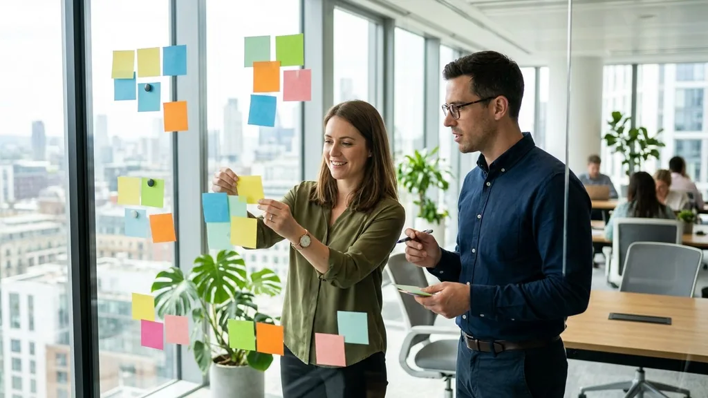 Two marketers grouping coloured cards into customer clusters on a glass whiteboard in an office