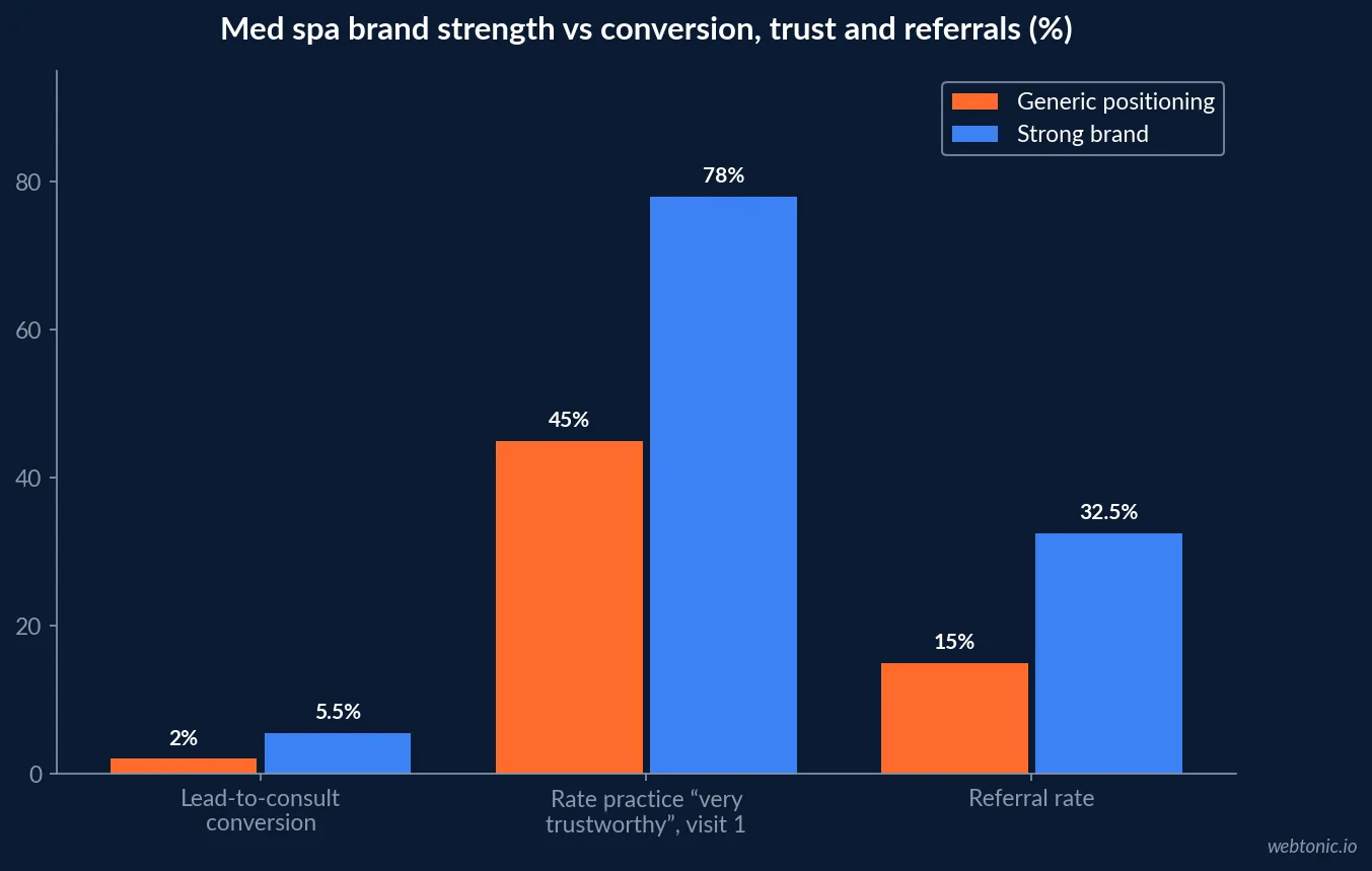 Chart comparing generic versus strongly branded med spas on consult conversion, first-visit trust and referral rate