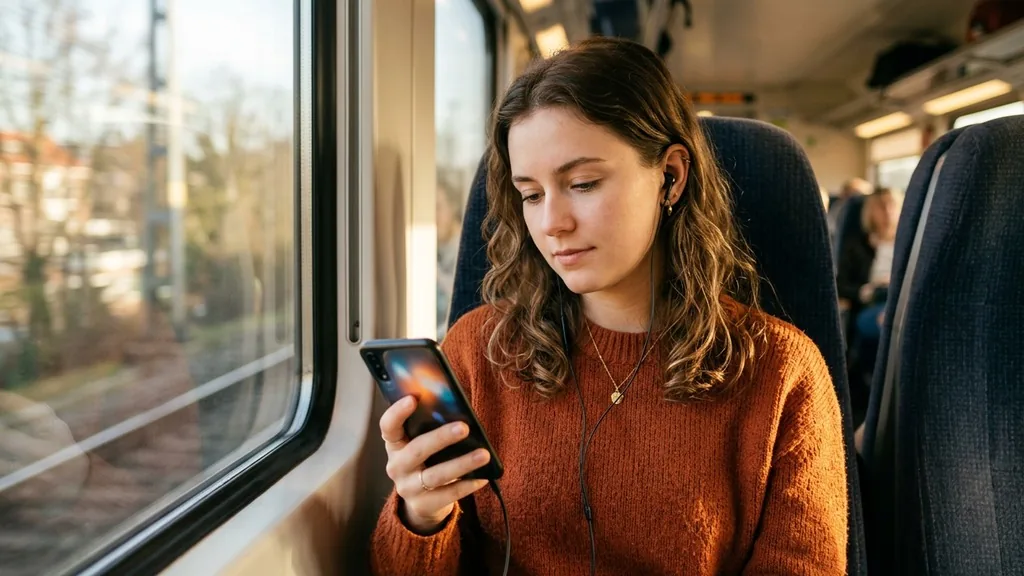 Young woman watching a video on her smartphone with earphones while sitting on a train in daylight