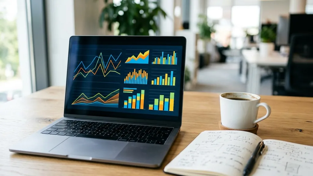 Close-up of a laptop screen showing social media engagement line and bar charts beside a notebook