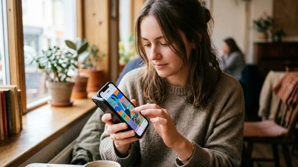 Person scrolling a social media feed on a smartphone held in both hands in soft window light