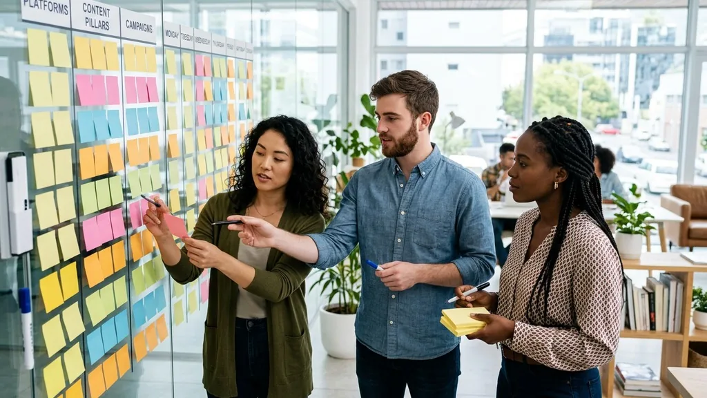 Three social media managers planning a content calendar on a wall of sticky notes in a bright office