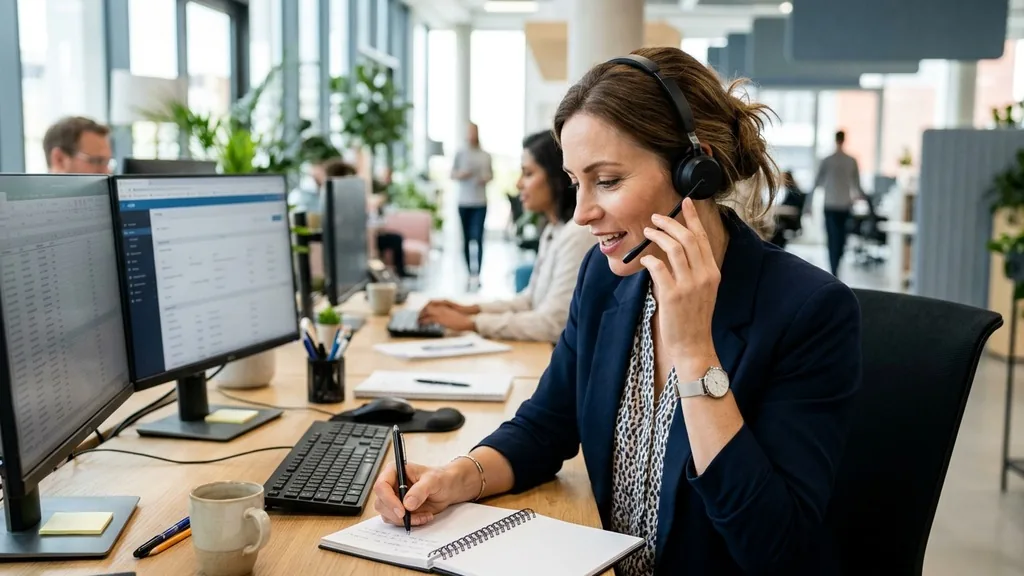 Salesperson wearing a headset taking notes in a notebook during a call at a bright open-plan office desk