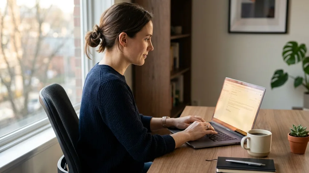 Professional writing an email on a laptop at a tidy desk with a coffee cup in warm morning window light