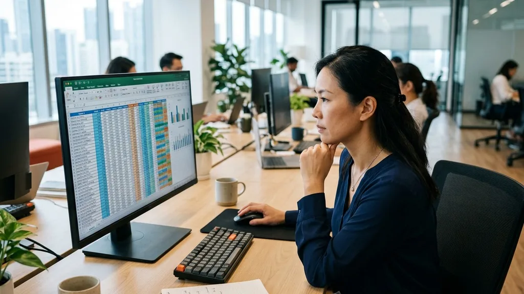 Marketer reviewing rows of keyword research data on a large desktop monitor in a bright modern office