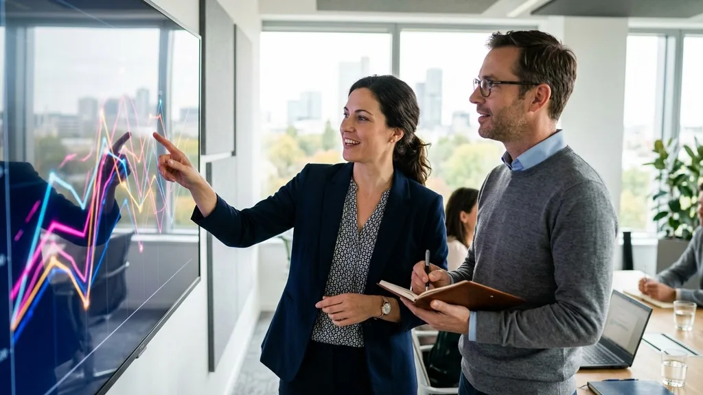Two colleagues discussing an organic traffic line chart on a wall-mounted screen in a bright meeting room