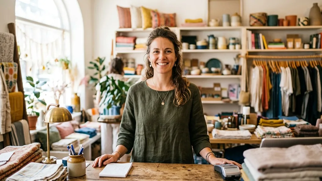Small independent shop owner standing behind the counter of a bright boutique storefront in warm daylight