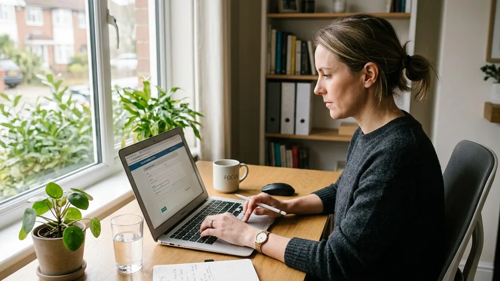 Business owner filling in an online listing form on a laptop at a tidy home office desk in soft window light