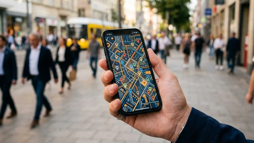 Close-up of a hand holding a smartphone showing a map with location pins on a blurred street background